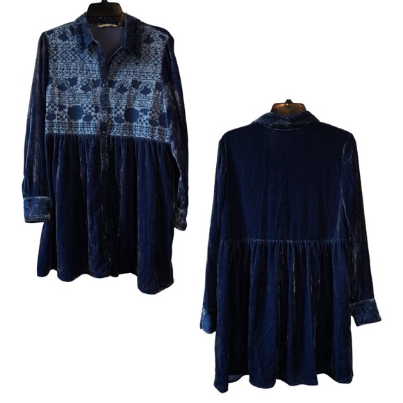 Soft Surroundings, Velvet Embroidered Long Sleeve Button Down Tunic Top, Blue - Picture 2 of 6